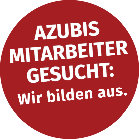 roter Button mit der Aufschrift "Azubis, Mitarbeiter gesucht - wir bilden aus."